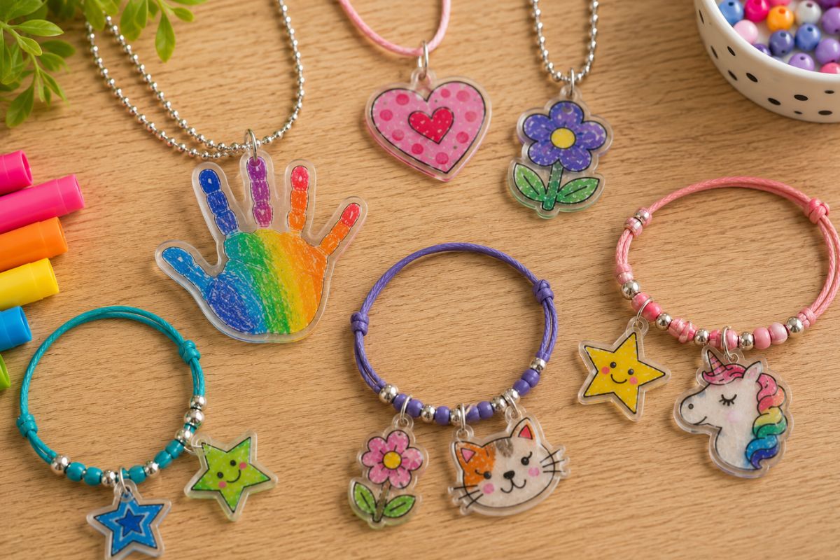 Selbst gebastelte Kettenanhänger und Armbandanhänger aus Schrumpffolie mit Handabdruck, Herz, Blume, Stern, Katze und Einhorn auf einem Holztisch.