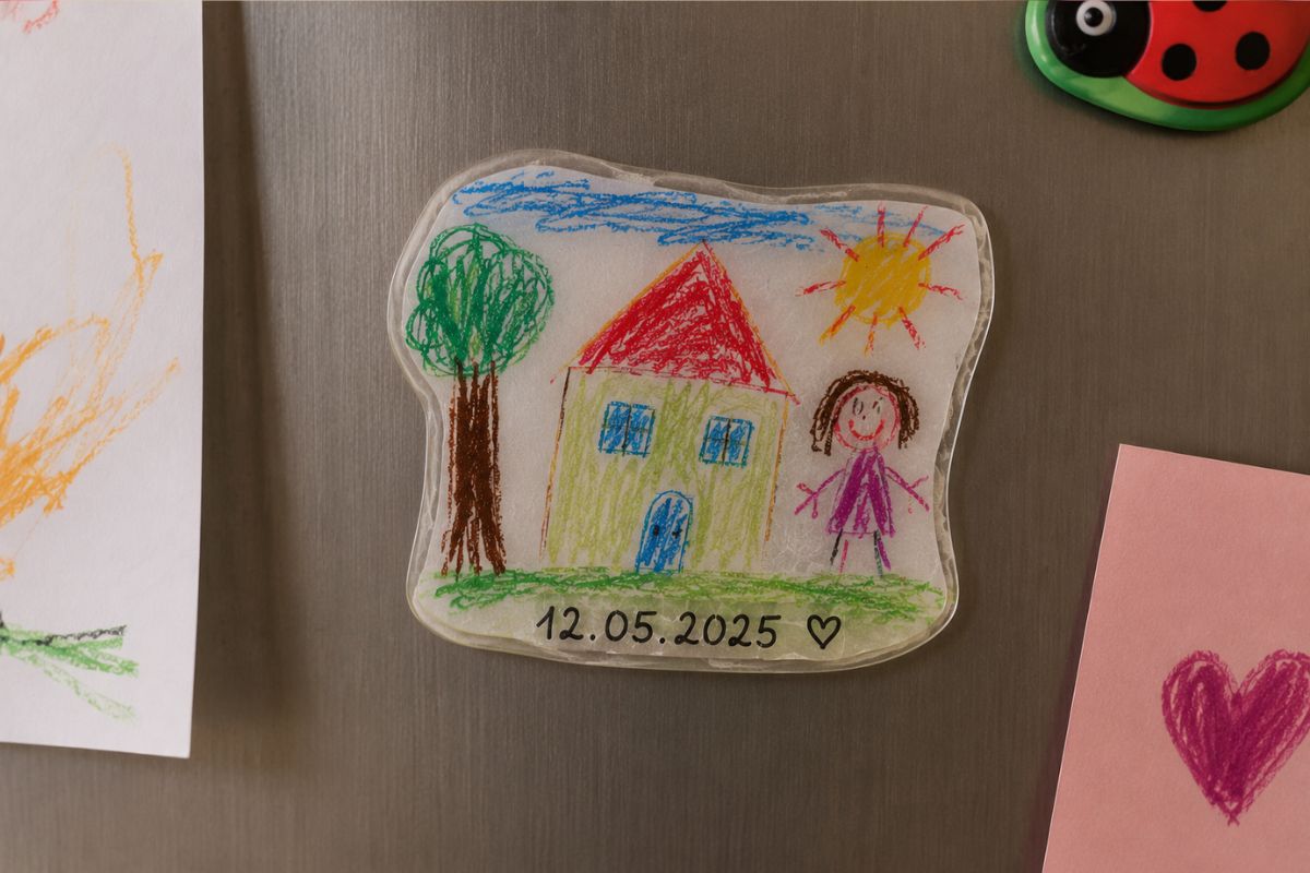 Kühlschrankmagnet aus Schrumpffolie mit einer einfachen Kinderzeichnung eines Hauses, eines Baumes und einer Strichfigur sowie dem Datum.