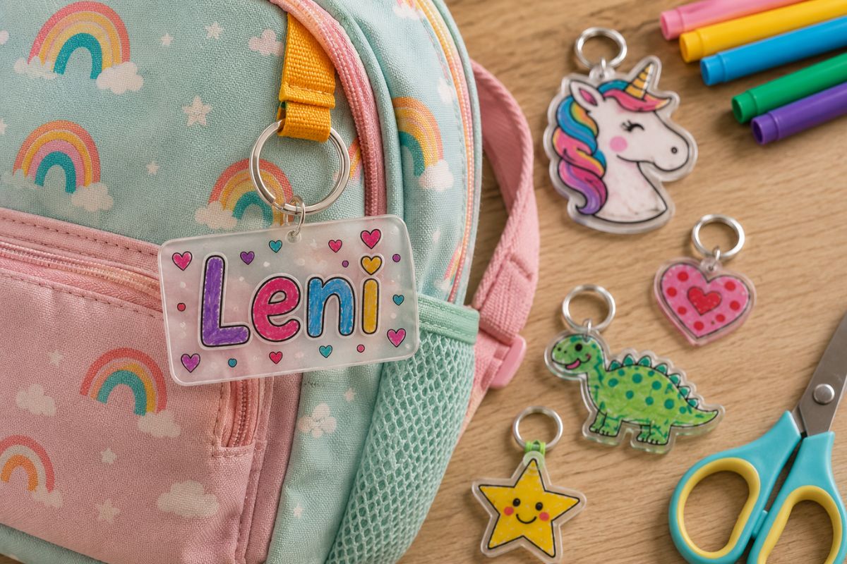 Kindergartenrucksack mit selbst gestaltetem Namensanhänger aus Schrumpffolie mit dem Namen Leni, daneben weitere bunte Anhänger und Bastelmaterial.