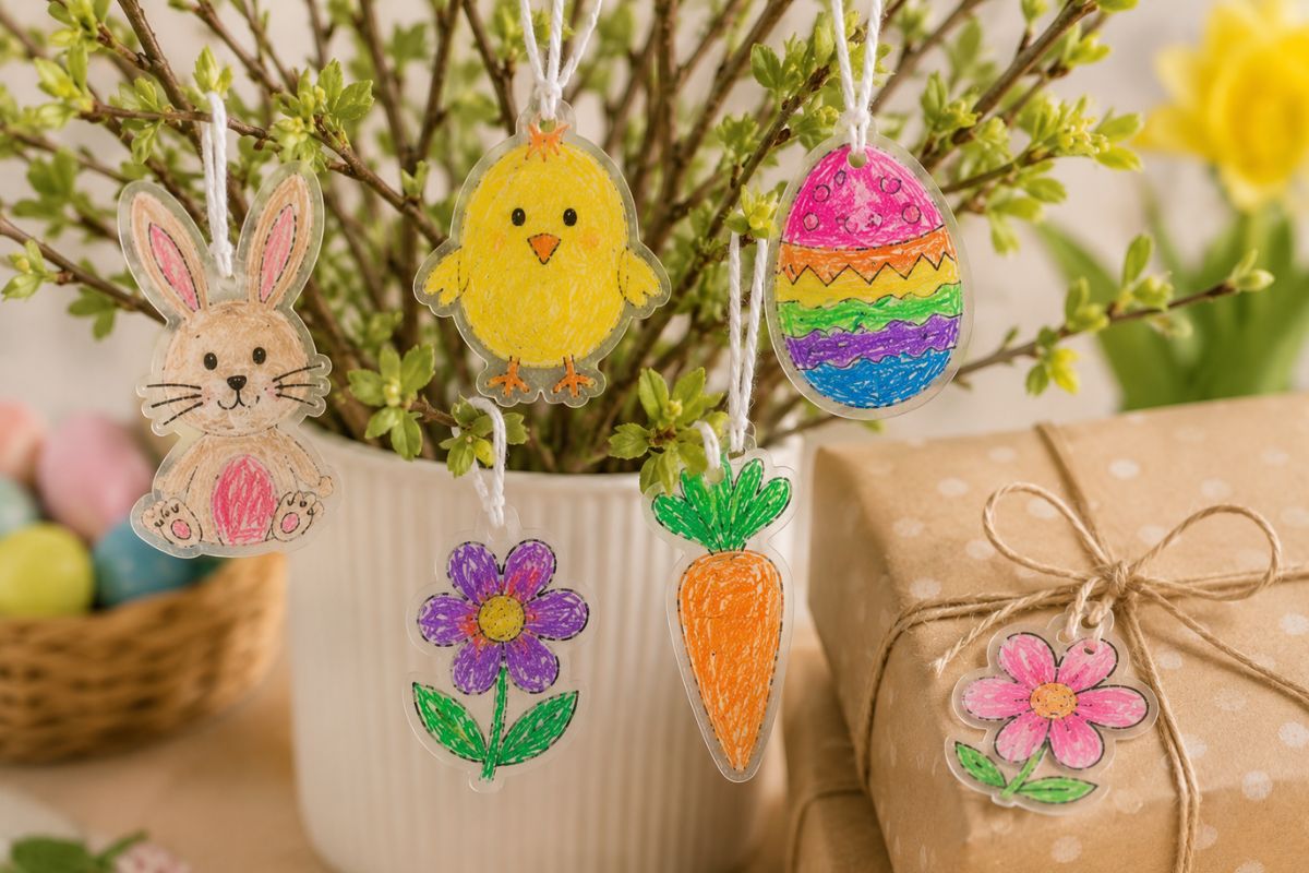 Selbst gebastelte Osteranhänger aus Schrumpffolie mit Hase, Küken, Osterei, Blumen und Möhre an einem Osterstrauch sowie ein Ostergeschenk mit Blumenanhänger.