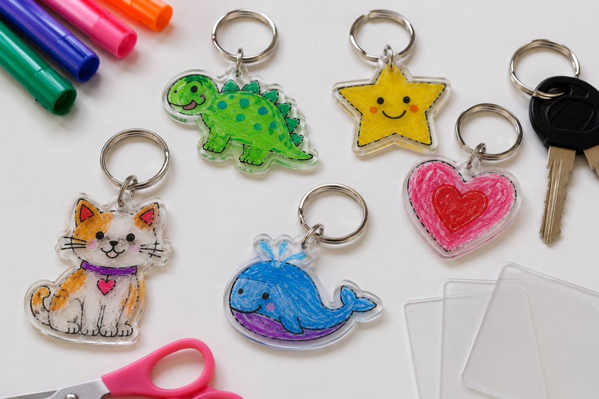 Verschiedene Schlüsselanhänger aus Schrumpffolie mit kindlichen Motiven wie Dinosaurier, Katze, Wal, Herz und Stern sowie transparente Schrumpffolie zum Basteln.