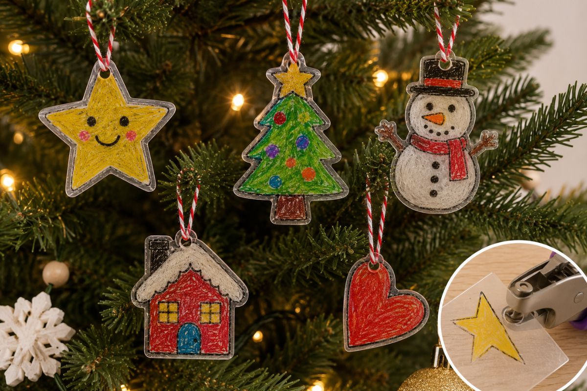 Selbst gebastelter Weihnachtsbaumschmuck aus Schrumpffolie mit Stern, Tannenbaum, Schneemann, Herz und kleinem Haus an einem geschmückten Weihnachtsbaum.