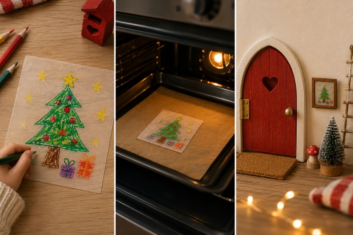 Dreiteiliges Bild zur Wichtelidee mit Schrumpffolie: Ein Kind malt ein Weihnachtsbild auf Schrumpffolie, das Motiv schrumpft im Backofen und hängt anschließend als Miniaturbild neben einer Wichteltür.
