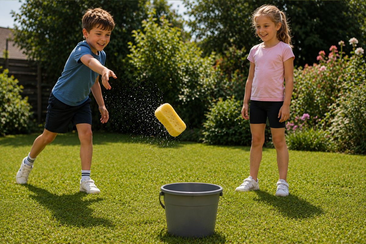 Zwei Kinder spielen Schwammwerfen draußen im Garten und werfen einen nassen Schwamm in einen Eimer