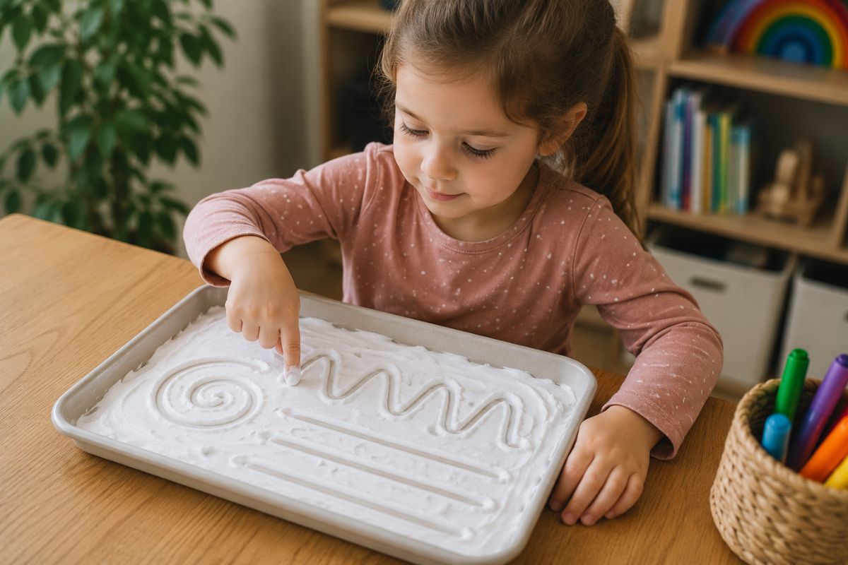 Vorschulkind zeichnet Linien und Schleifen mit dem Finger in Rasierschaum auf einem Tablett