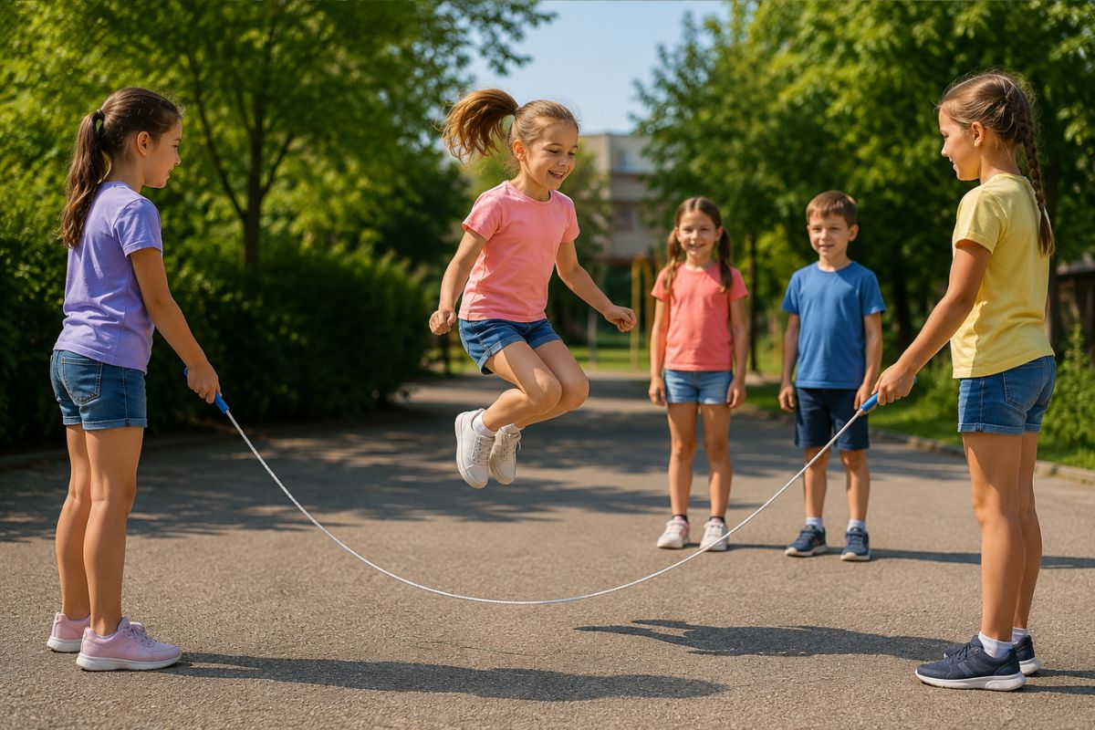 Kinder spielen Seilspringen draußen – Bewegungsspiel outdoor für Grundschule und Kindergeburtstag