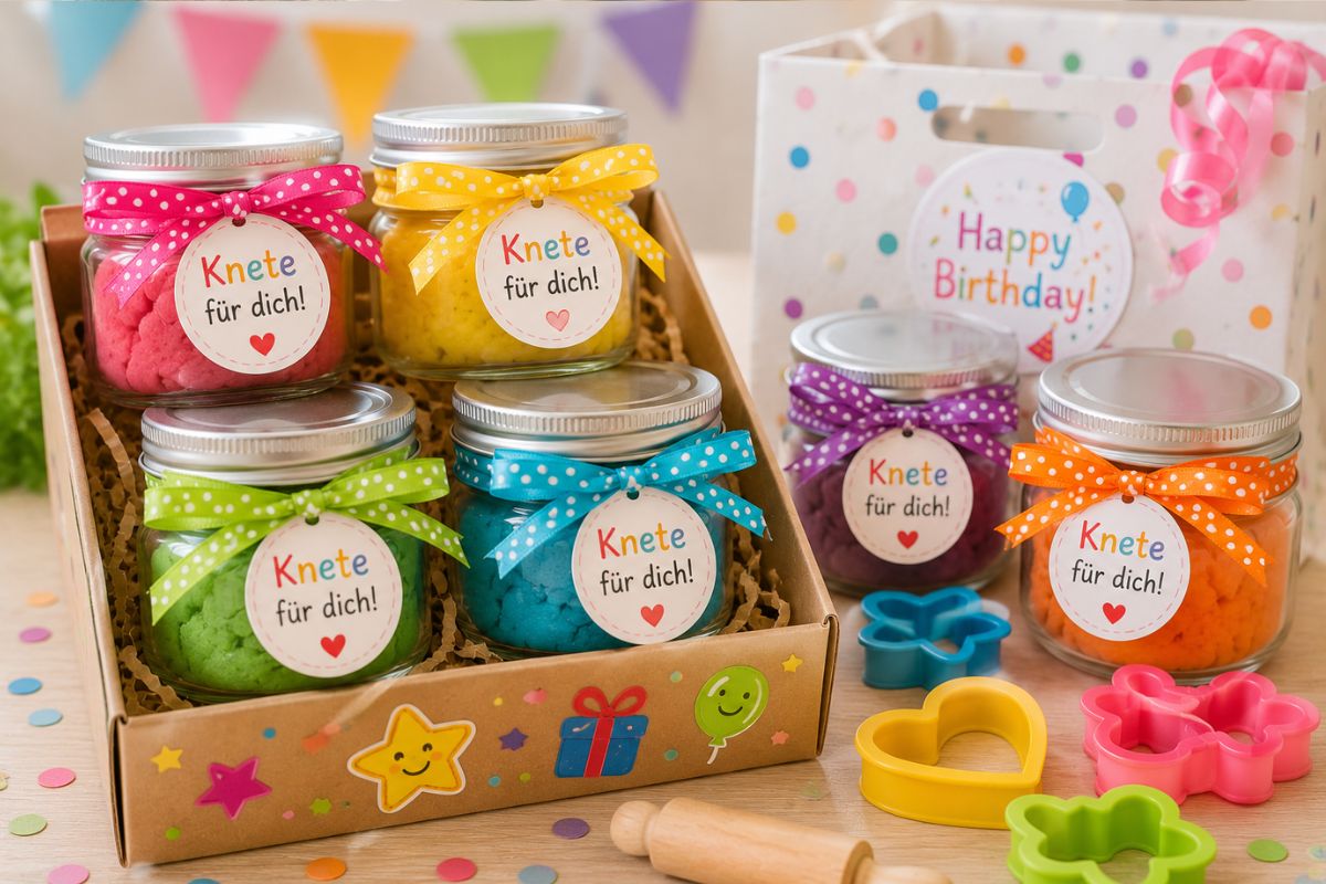 Selbstgemachte Knete als Mitgebsel oder Geschenk für den Kindergeburtstag in bunten Gläsern mit Ausstechformen und Geschenkverpackung