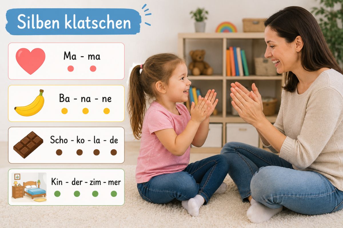 Mutter und Vorschulkind klatschen gemeinsam Silben zu einfachen Wörtern wie Mama und Banane