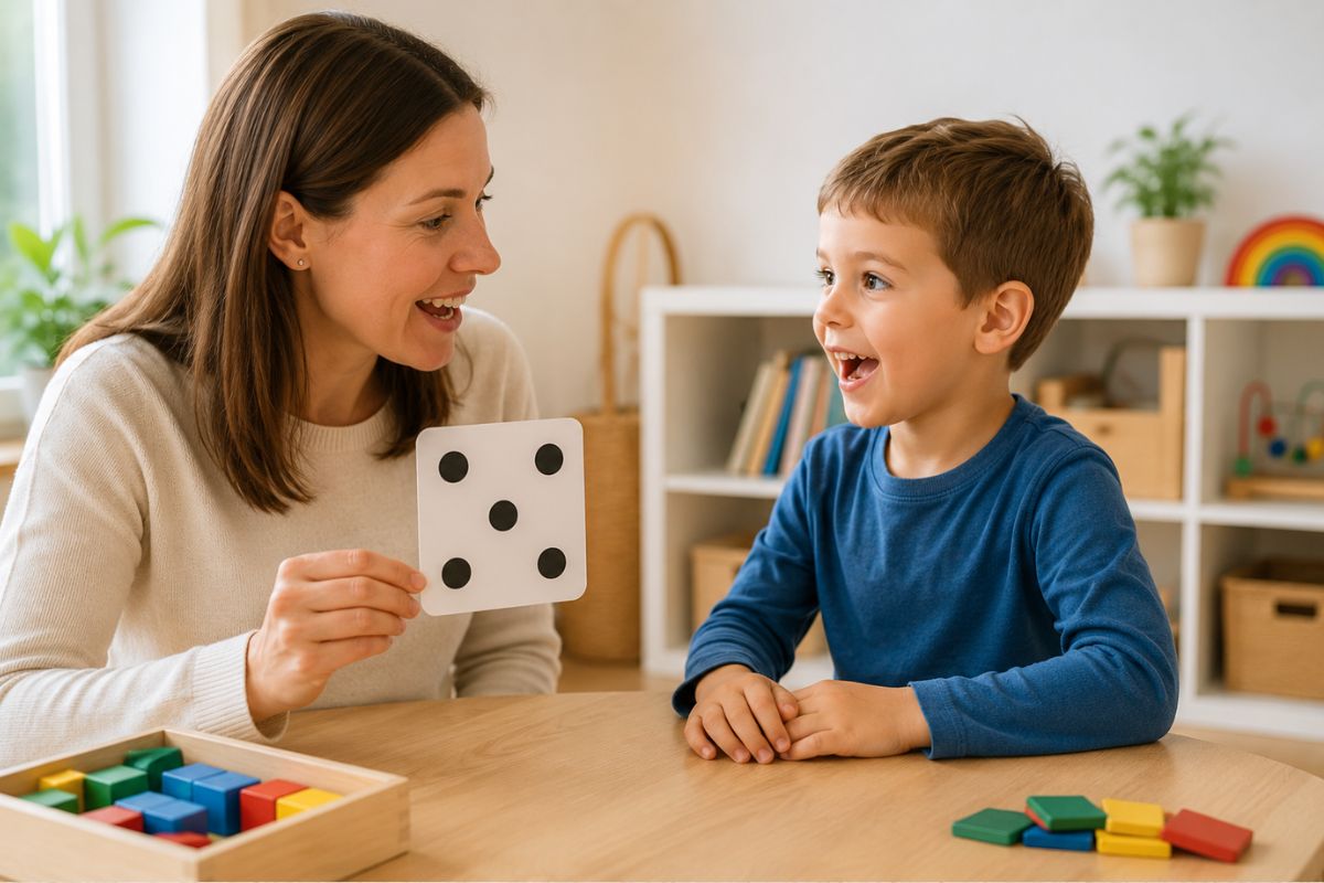 Mama zeigt einem Vorschulkind eine Karte mit dem Würfelbild der Zahl fünf zur simultanen Mengenerfassung
