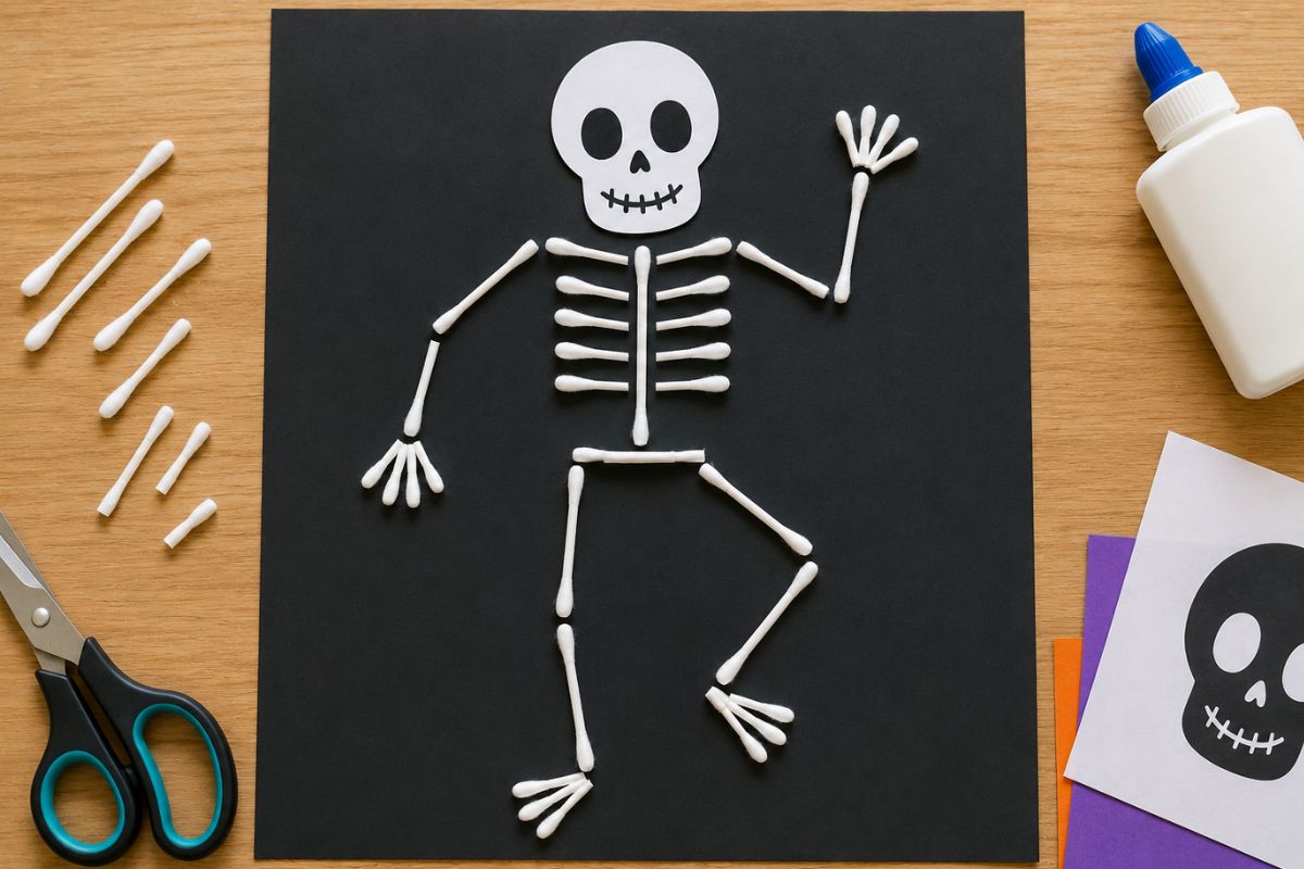 Skelett aus Wattestäbchen auf schwarzem Papier mit Totenkopf als einfache Halloween-Bastelidee für Kinder.