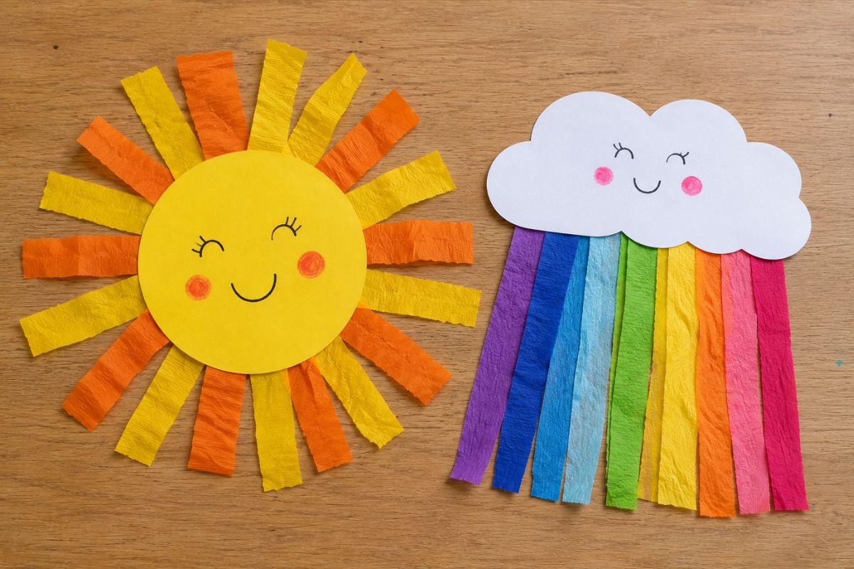 Sonne und Wolke basteln mit Krepppapier: Von einem Kind gebastelte Sonne mit Krepppapierstrahlen sowie Wolke mit bunten Krepppapierstreifen als Regen.