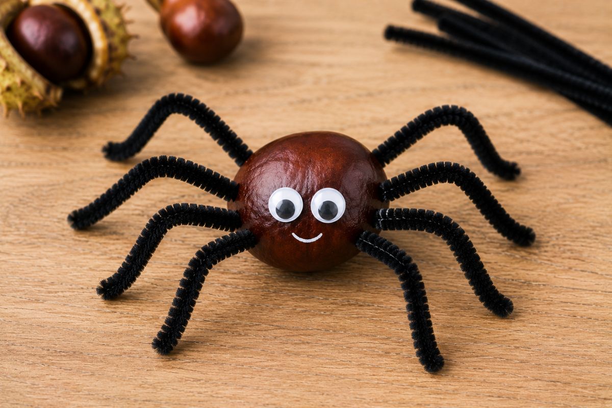 Spinne aus einer Kastanie mit acht schwarzen Pfeifenreiniger-Beinen und Wackelaugen als einfache Halloween-Bastelidee für Kinder.