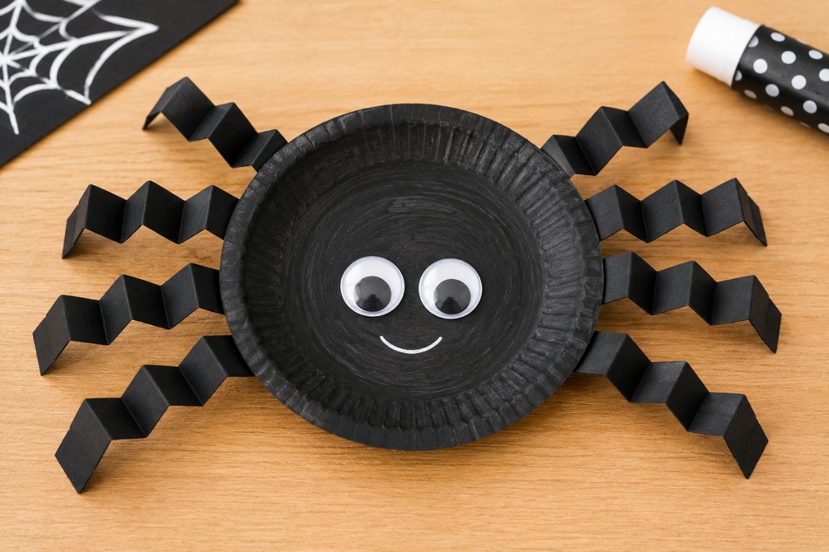 Schwarze Spinne aus einem bemalten Pappteller mit gefalteten Papierbeinen und großen Wackelaugen als Halloween-Bastelidee für Kinder.