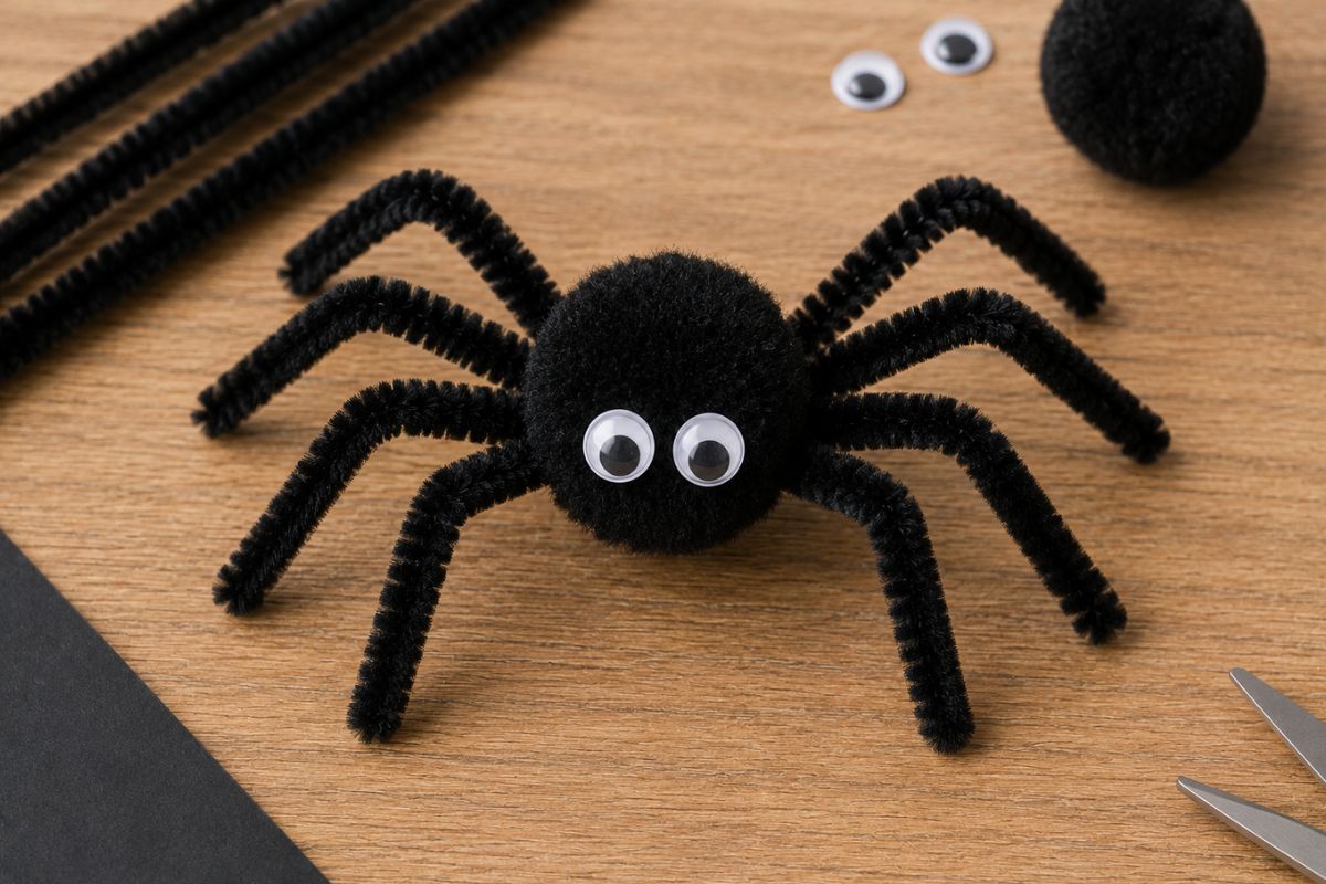 Schwarze Spinne aus Pfeifenreinigern mit Pompon und Wackelaugen als einfache Halloween-Bastelidee für Kinder.