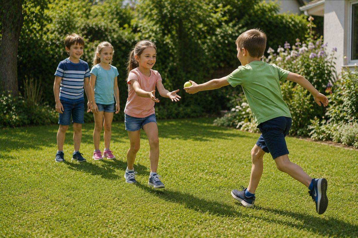 Kinder spielen Staffellauf draußen im Garten und übergeben einen kleinen Ball beim Laufen
