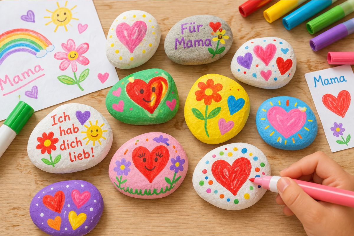 Bunt bemalte Steine mit aufgemalten Herzen und kindlichen Motiven, Kinder basteln einfache Muttertagsgeschenke mit Acrylstiften