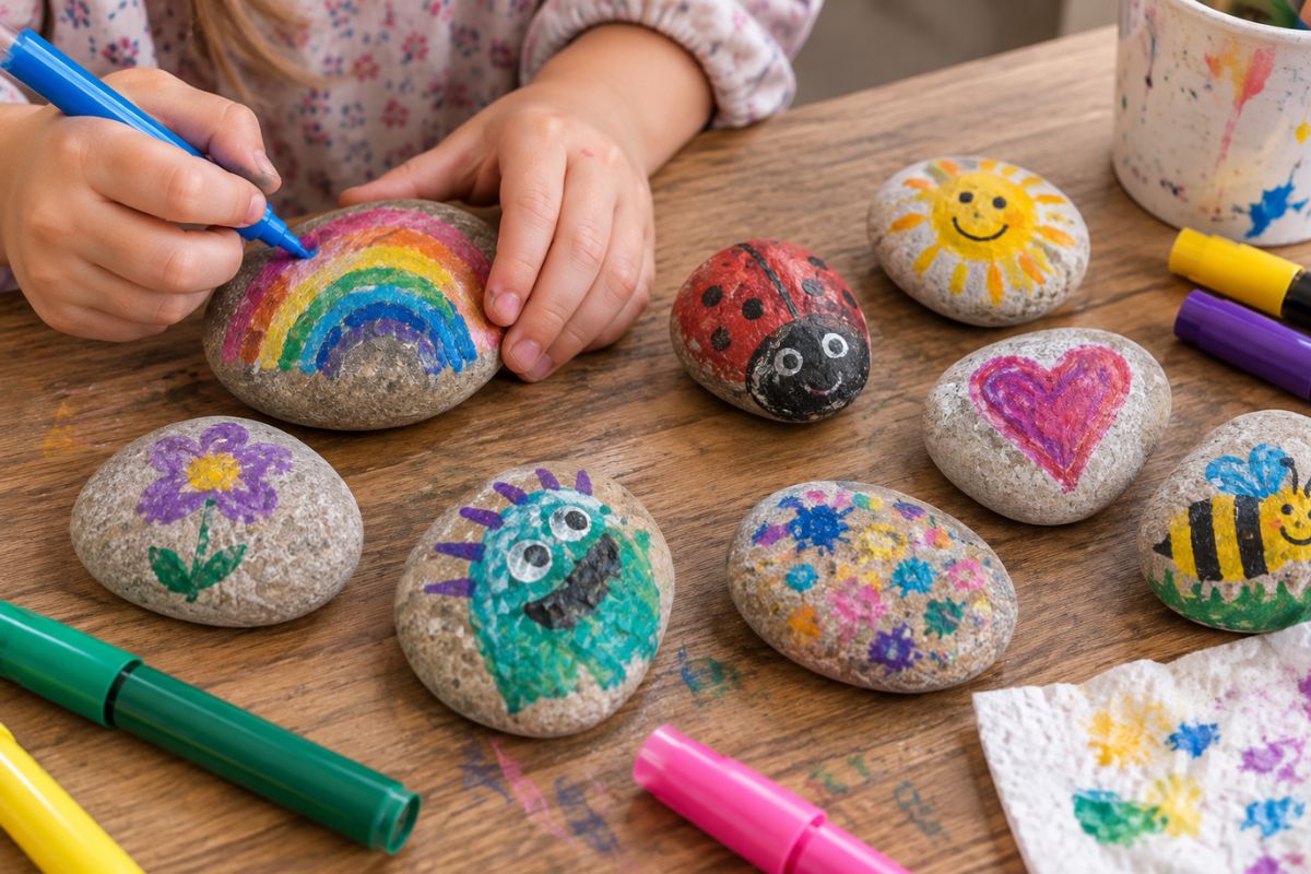 Steine bemalen mit Kindern – einfache Ideen mit Regenbogen, Marienkäfer, Blume und bunten Motiven