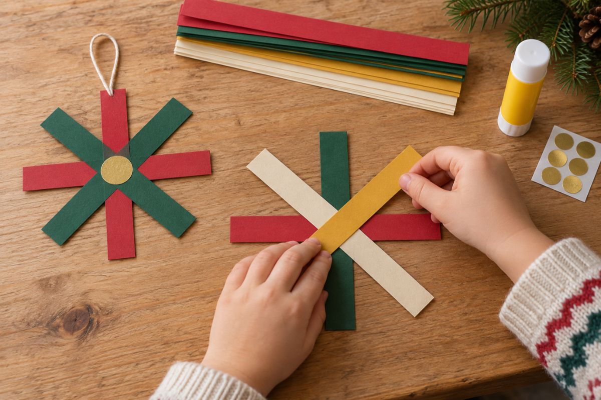 Kind bastelt einen einfachen Weihnachtsstern aus vier bunten Papierstreifen