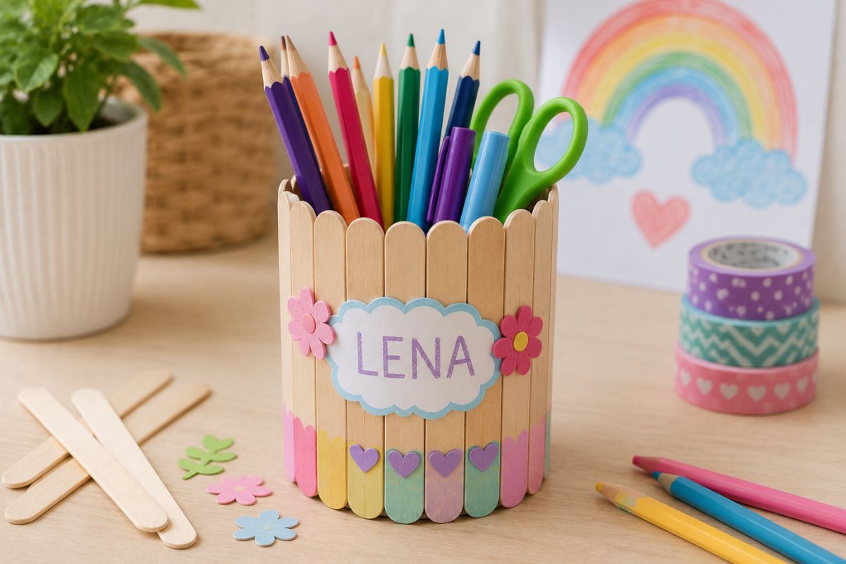 Selbst gebastelter Stiftehalter aus Eisstielen mit bunter Dekoration und Buntstiften als kreative Bastelidee für Kinder.