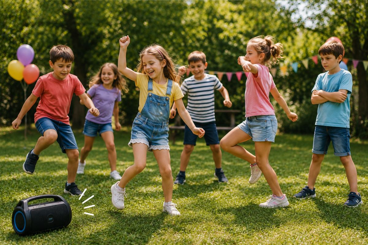 Kinder spielen Stopptanz draußen im Garten – Bewegungsspiel mit Musik für Kindergeburtstag und Grundschule