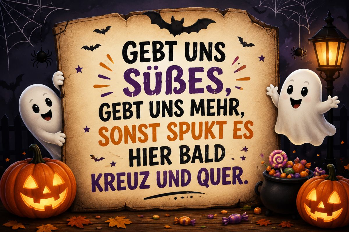 Halloween-Spruch für Kinder „Gebt uns Süßes, gebt uns mehr, sonst spukt es hier bald kreuz und quer.“ als dekorative Grafik mit freundlichen Gespenstern, Kürbissen und Halloween-Dekoration.