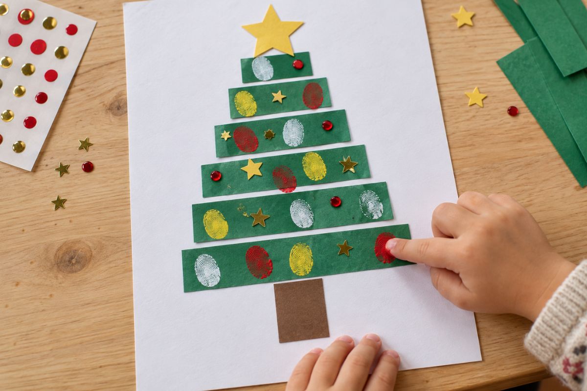 Kind verziert einen Tannenbaum aus Papierstreifen mit Fingerabdrücken, Sternchen und Klebepunkten