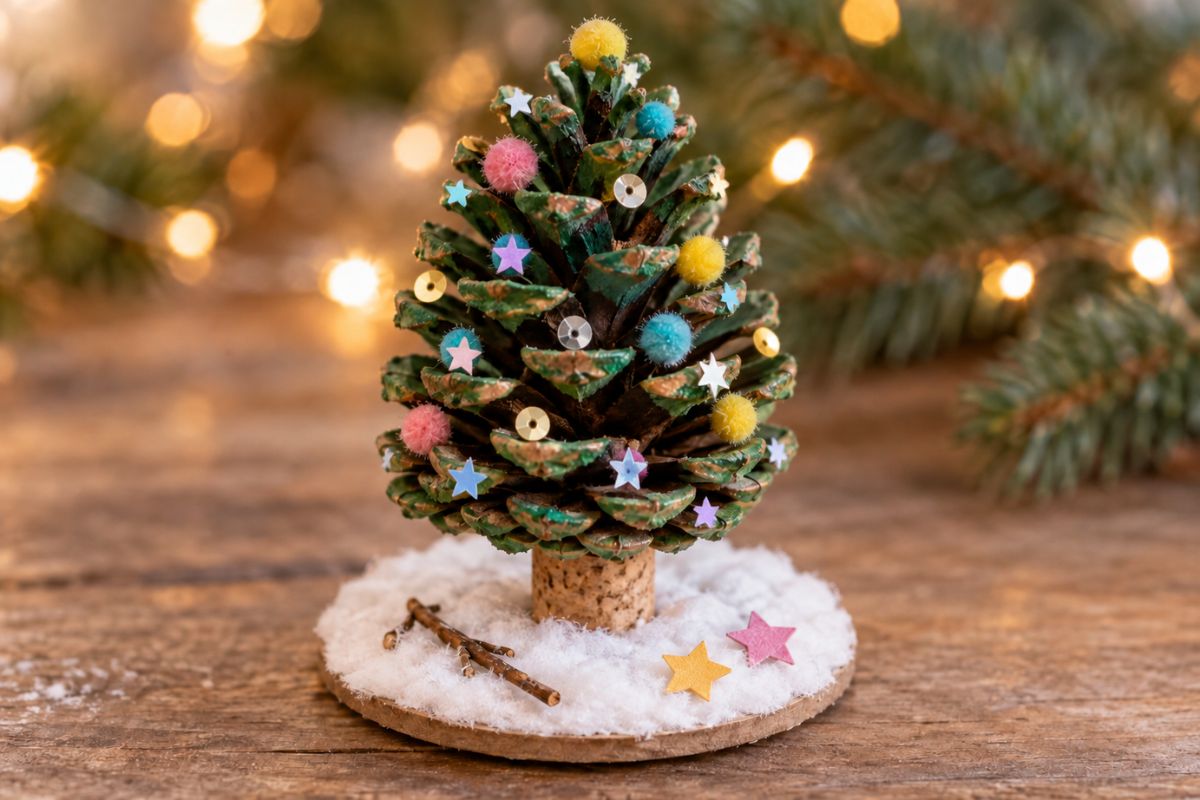 Tannenbaum aus einem grün bemalten Tannenzapfen mit Pompons, Pailletten und kleinen Glitzersternen