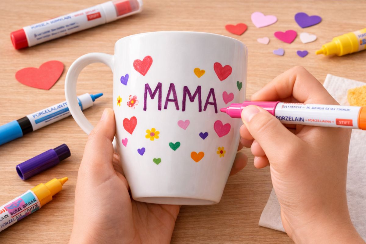 Kind bemalt eine weiße Tasse mit wackeligen Herzen und dem Schriftzug MAMA in Großbuchstaben, Bastelidee zum Muttertag