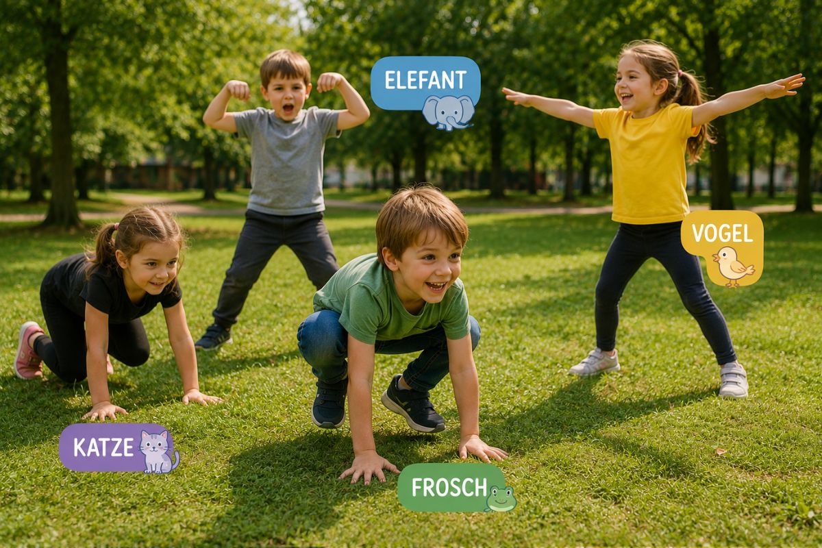 Kinder machen Tierbewegungen draußen im Park – Bewegungsspiel mit Frosch, Katze, Vogel und Elefant