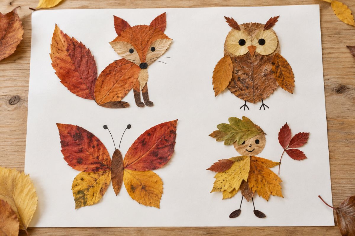 Tiere aus bunten Herbstblättern basteln – Fuchs, Eule, Schmetterling und Waldgeist