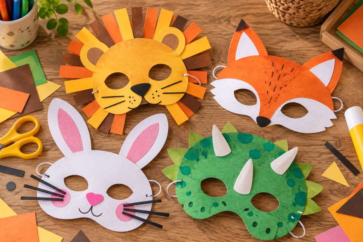 Tiermasken basteln mit Kindern – einfache Masken aus Papier als Löwe, Fuchs, Hase und Dinosaurier
