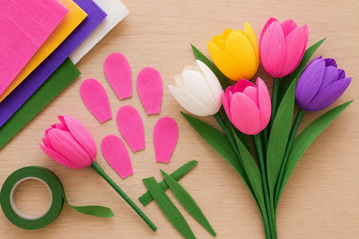 Tulpen basteln mit Krepppapier: Selbst gebastelte Tulpen aus Krepppapier mit grünem Floristenband und langen Papierblättern.