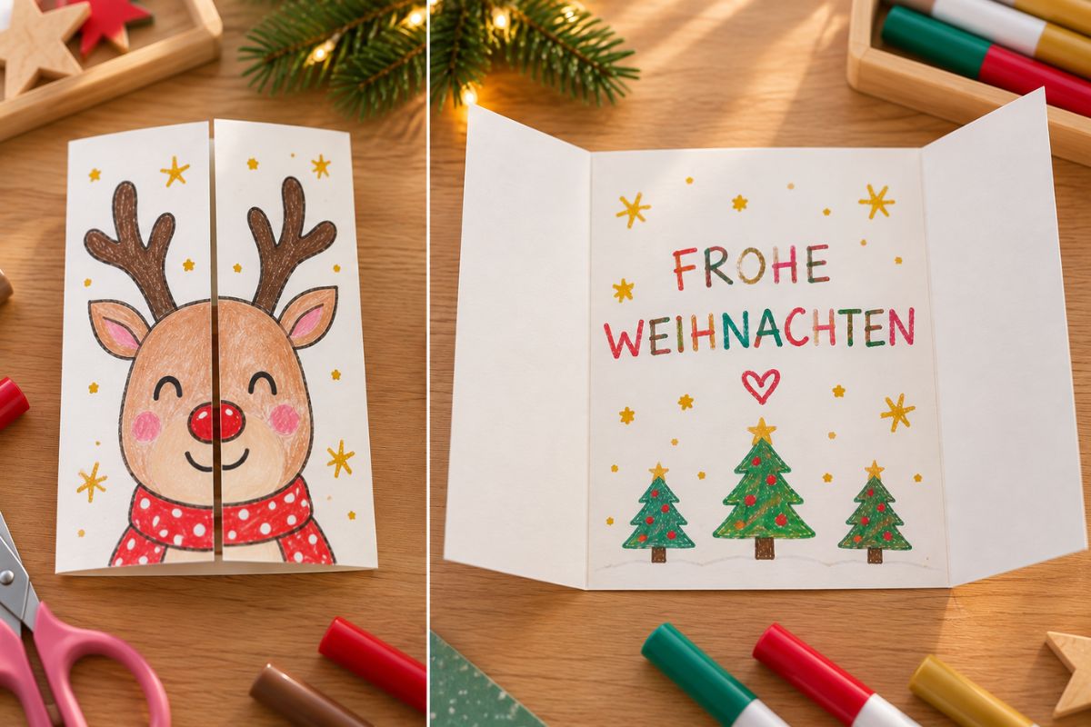 Überraschungs-Klappkarte zu Weihnachten basteln: Rentier auf zwei Klappen mit Weihnachtsgruß im Inneren.