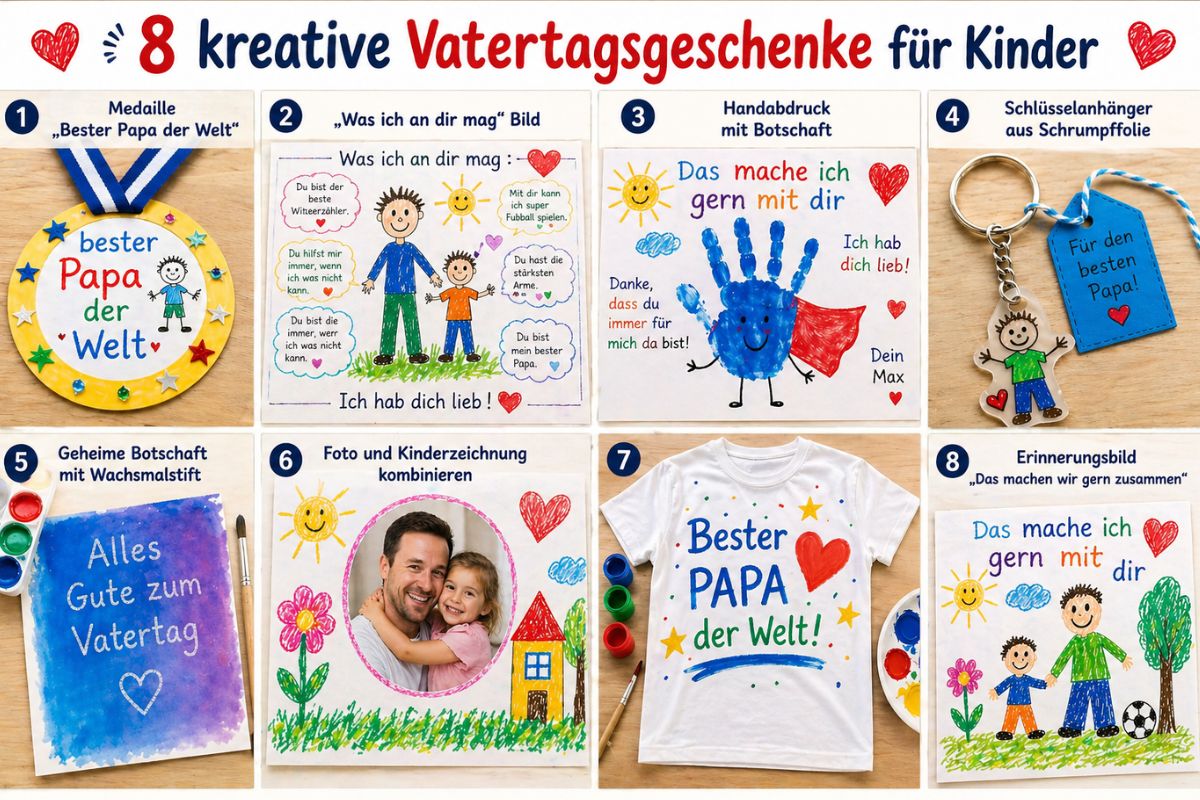 Vatertagsgeschenk basteln mit Kindern: 8 kreative Ideen wie Medaille, Handabdruck, T-Shirt bemalen und Schrumpffolie für Kindergarten und zuhause