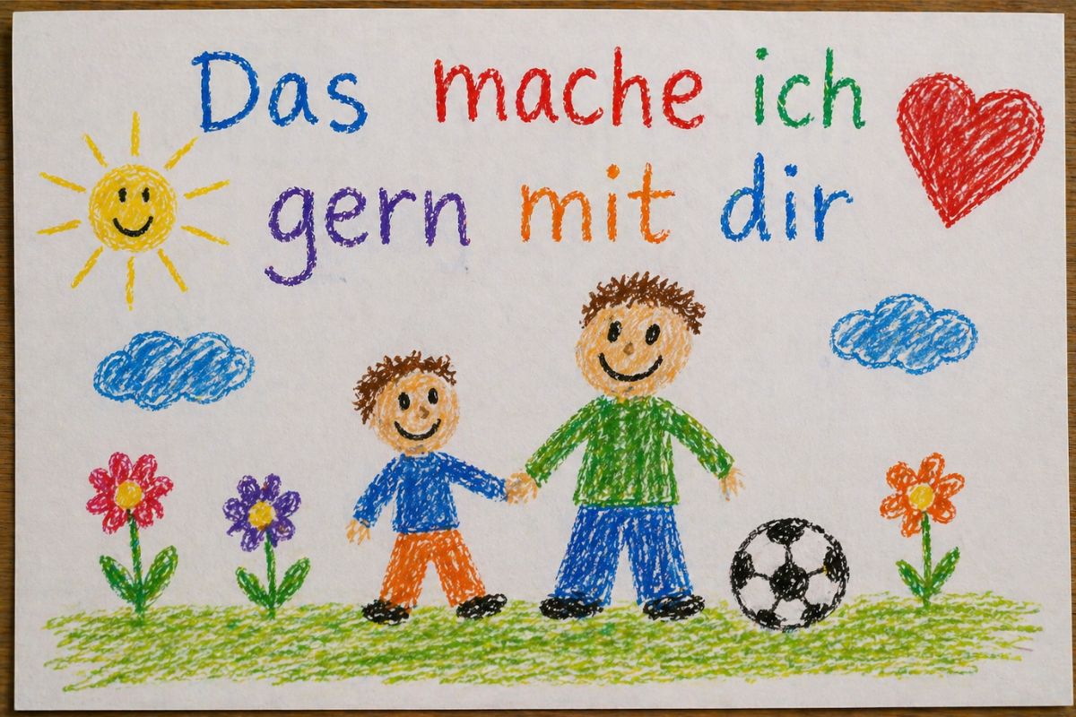 Vatertagsgeschenk basteln: Kinderzeichnung „Das mache ich gern mit dir“ mit Papa und Kind, einfache Malidee für Kindergarten