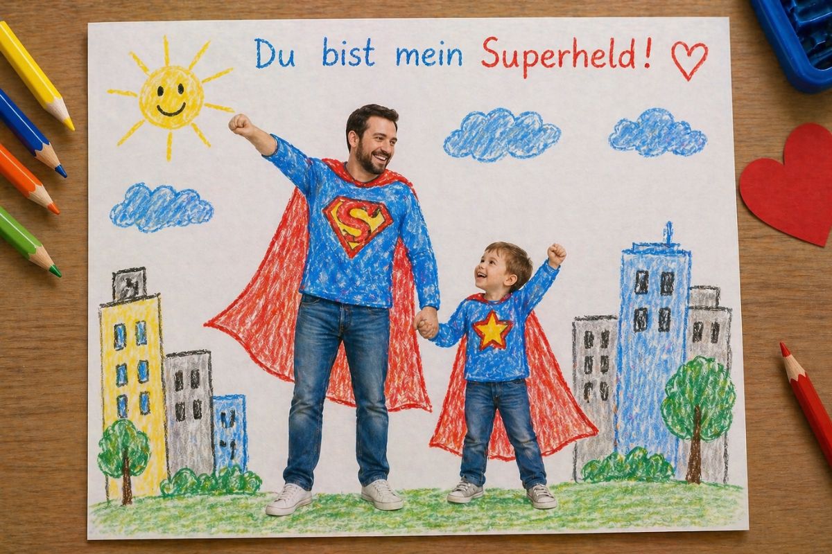Vatertagsgeschenk basteln: Foto mit Kinderzeichnung kombiniert, Papa als Superheld von Kind gemalt, kreative Bastelidee für Kinder