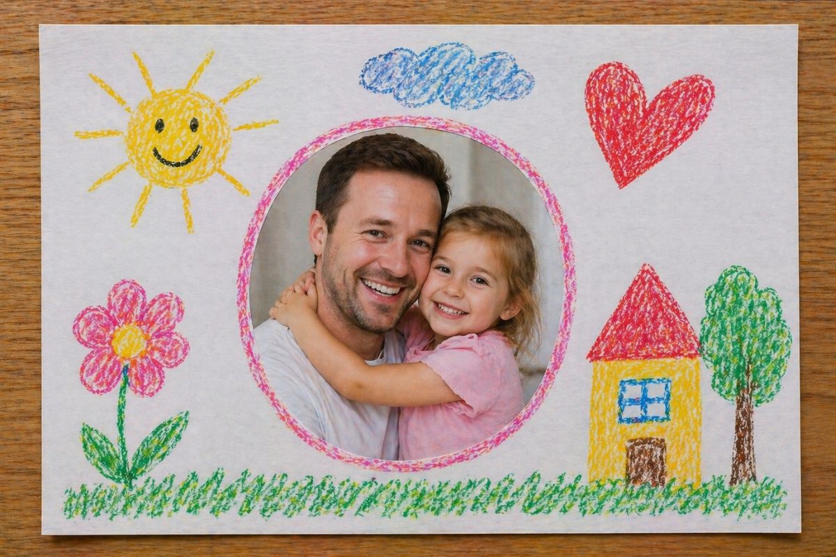 Vatertagsgeschenk basteln im Kindergarten: Foto von Papa und Kind kombiniert mit einfacher Kinderzeichnung, Sonne, Herz und Haus von 4-jährigem Kind gemalt