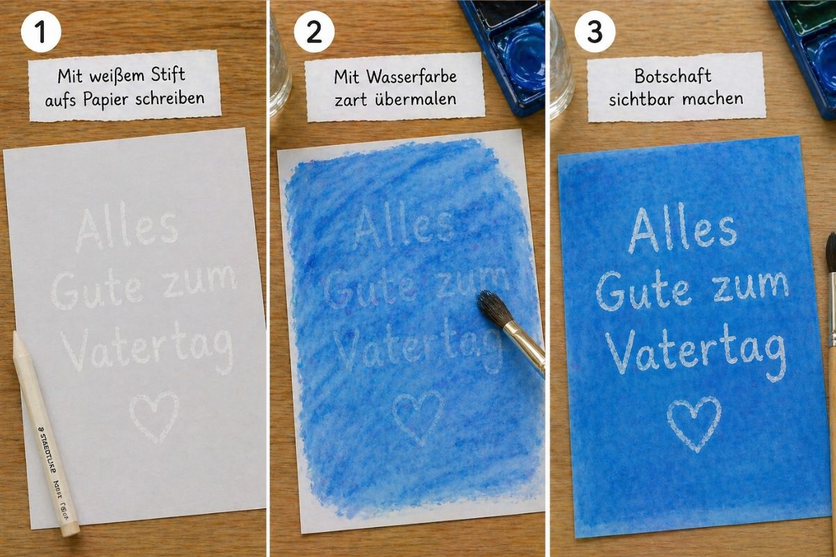 Vatertagsgeschenk basteln: geheime Botschaft mit weißem Wachsmalstift und Wasserfarbe sichtbar gemacht, Schritt-für-Schritt Anleitung für Kinder