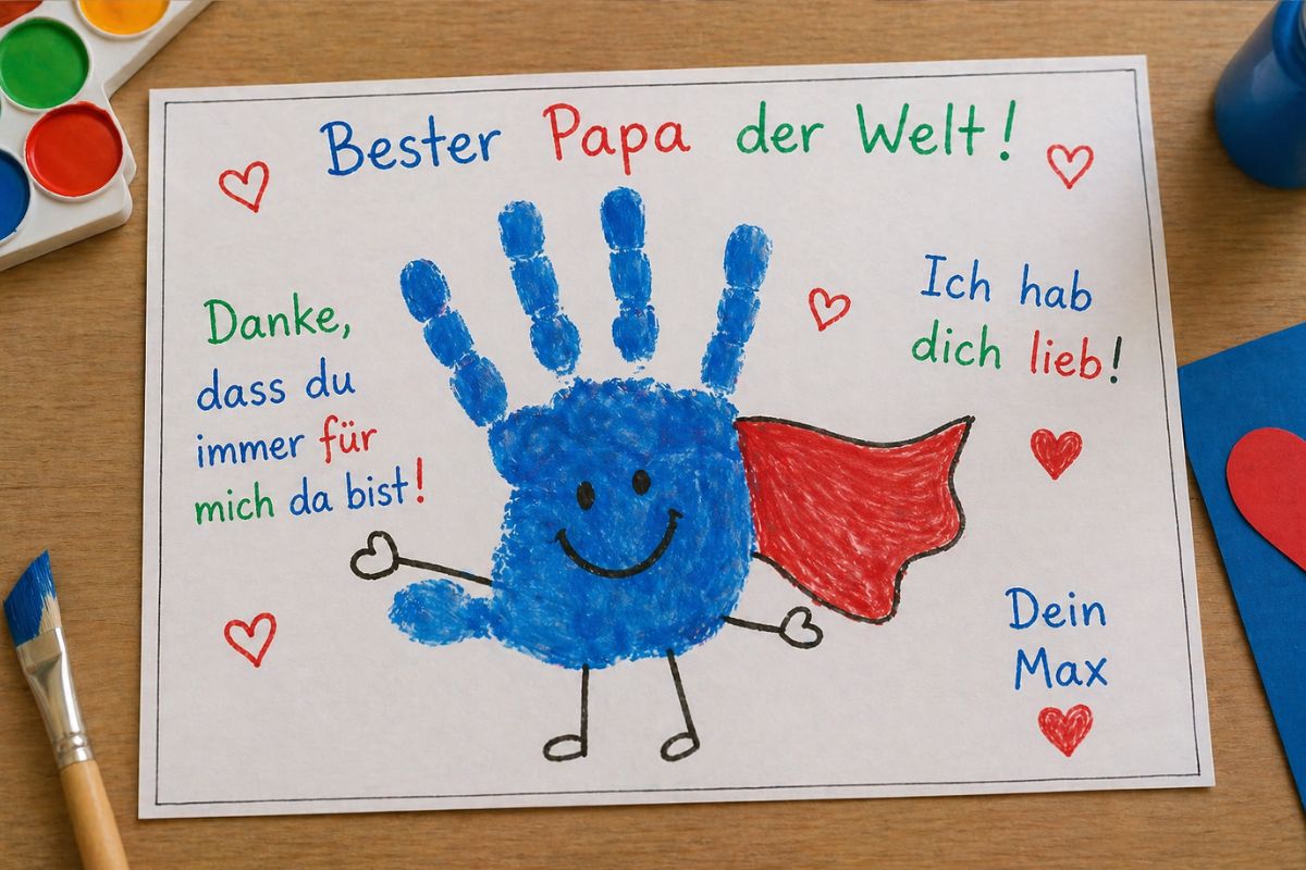 Vatertagsgeschenk basteln im Kindergarten: bunter Handabdruck mit Botschaft „Bester Papa der Welt“ auf Papier, von Kind gestaltet