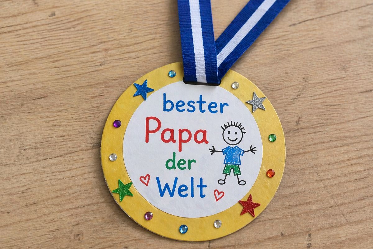 Vatertagsgeschenk basteln im Kindergarten: selbstgemachte Medaille mit der Aufschrift „Bester Papa der Welt“, verziert mit Kinderzeichnung und bunten Stickern
