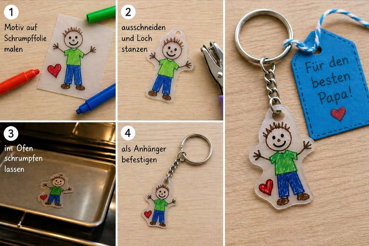 Vatertagsgeschenk basteln: Schlüsselanhänger aus Schrumpffolie mit Kinderzeichnung und Botschaft „Für den besten Papa“, Schritt-für-Schritt dargestellt