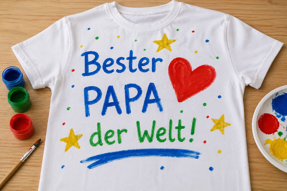 Vatertagsgeschenk basteln: selbst bemaltes T-Shirt mit Kinderzeichnung und Schrift „Bester Papa der Welt“, DIY Idee mit Textilfarbe