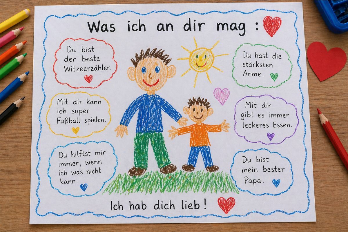Vatertagsgeschenk basteln im Kindergarten: Kinderzeichnung „Was ich an dir mag“ mit kindgerechten Aussagen und gemaltem Papa, liebevoll gestaltet