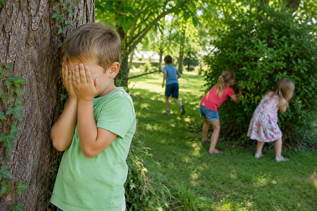 Kinder spielen Verstecken draußen im Garten – beliebtes Kinderspiel outdoor für Kindergarten und Grundschule