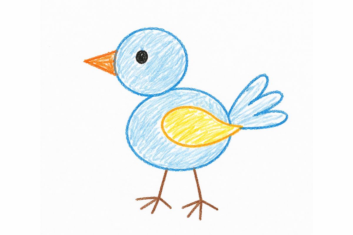 Einfacher Vogel von einem Kind mit Buntstiften gemalt, aus zwei Kreisen für Kopf und Körper mit kleinem Schnabel und einfachen Linien für Flügel und Beine.