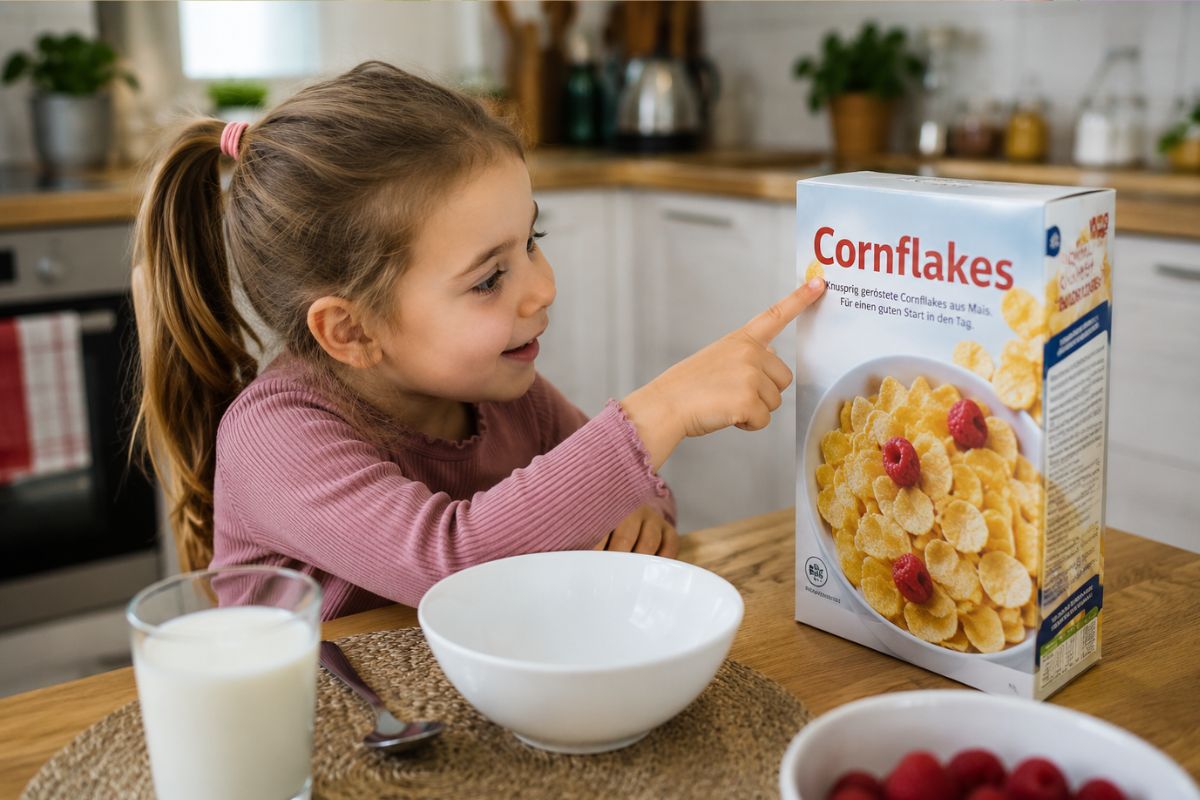 Vorschulkind zeigt beim Frühstück auf den Anfangsbuchstaben C einer Cornflakes-Packung