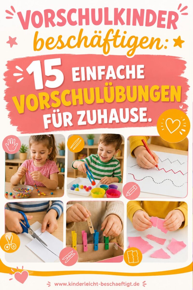 Pinterest-Grafik mit einfachen Vorschulübungen für zuhause wie Schneiden, Perlen auffädeln und Feinmotorik-Spiele für Vorschulkinder