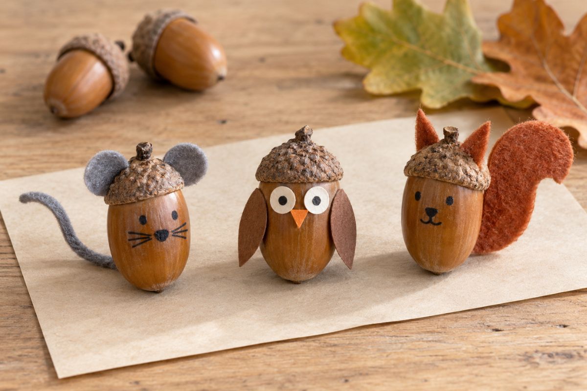 Herbst basteln mit Kindern – Maus, Eule und Eichhörnchen aus Eicheln