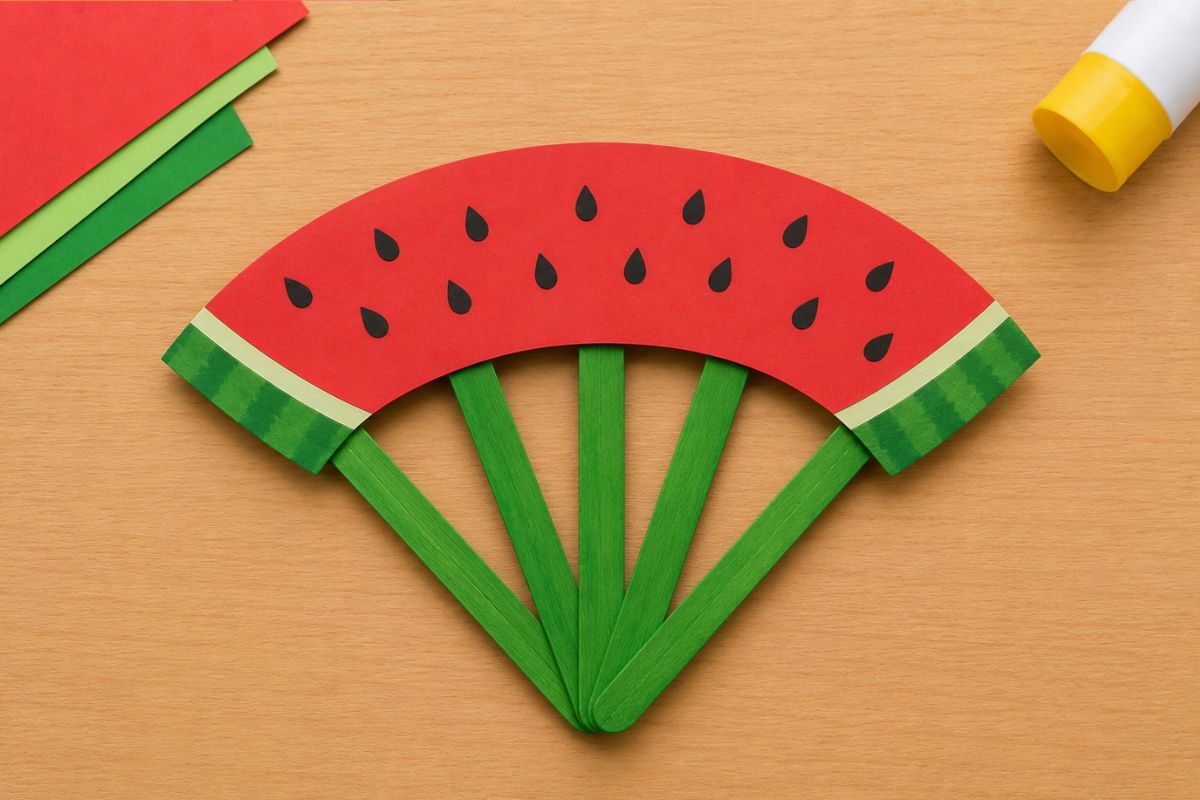 Selbst gebastelte Wassermelone aus mehreren grün bemalten Holzstäbchen und rotem Tonpapier mit schwarzen Kernen als sommerliche Bastelidee für Kinder.