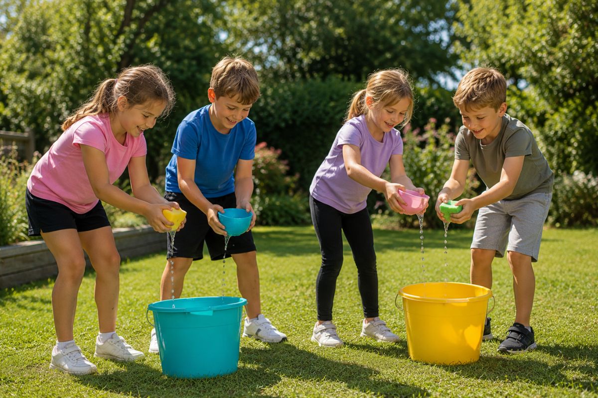 Vier Kinder spielen Wassertransport draußen im Garten und füllen mit Schwämmen Wasser in Eimer